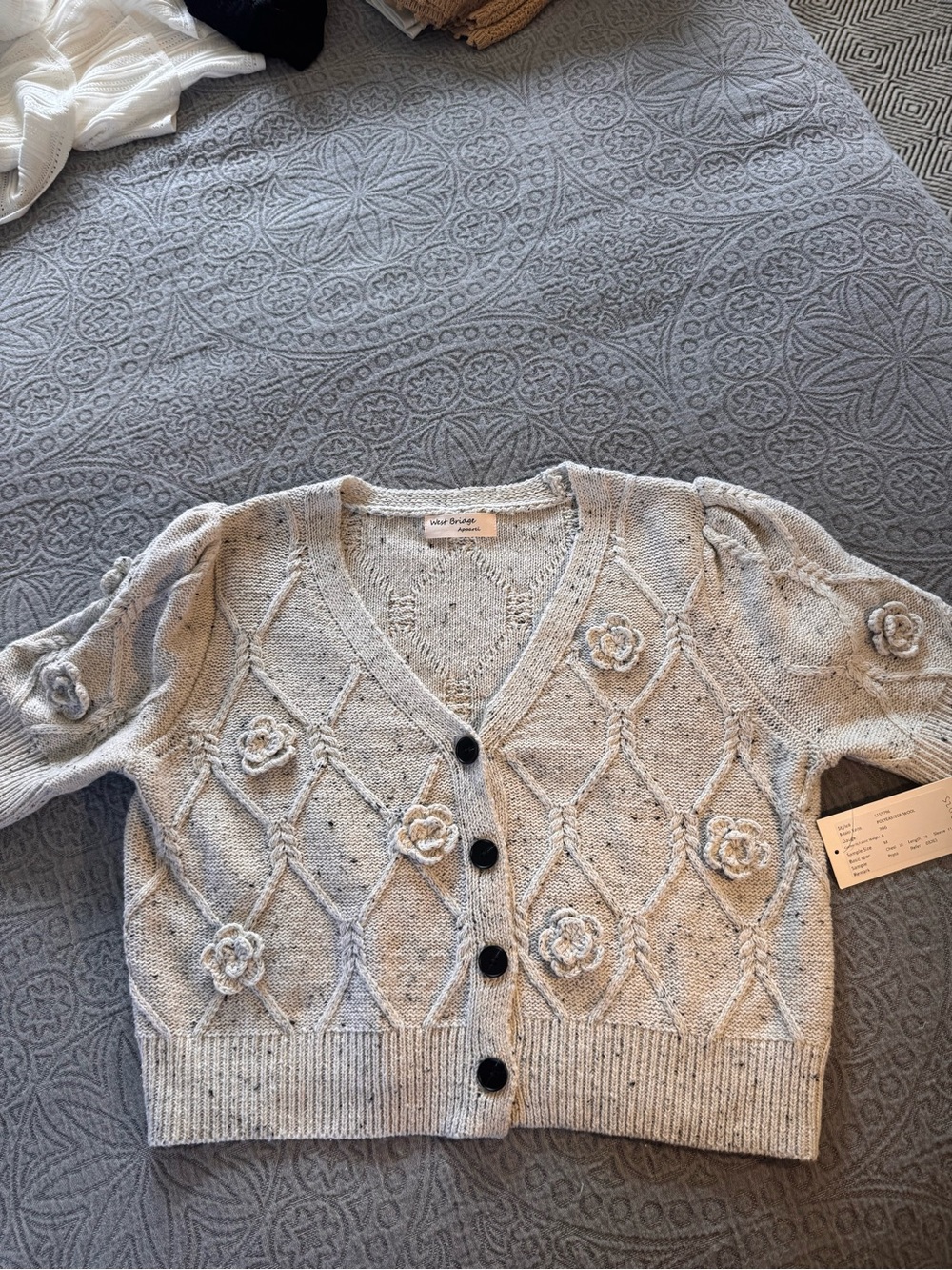 NWT Cropped Floral Appliqué Cardigan Sweater - Light Gray